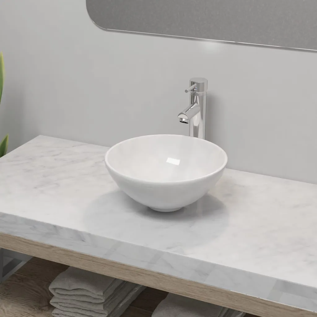 vidaXL Lavello Bagno con Miscelatore in Ceramica Rotondo Bianco