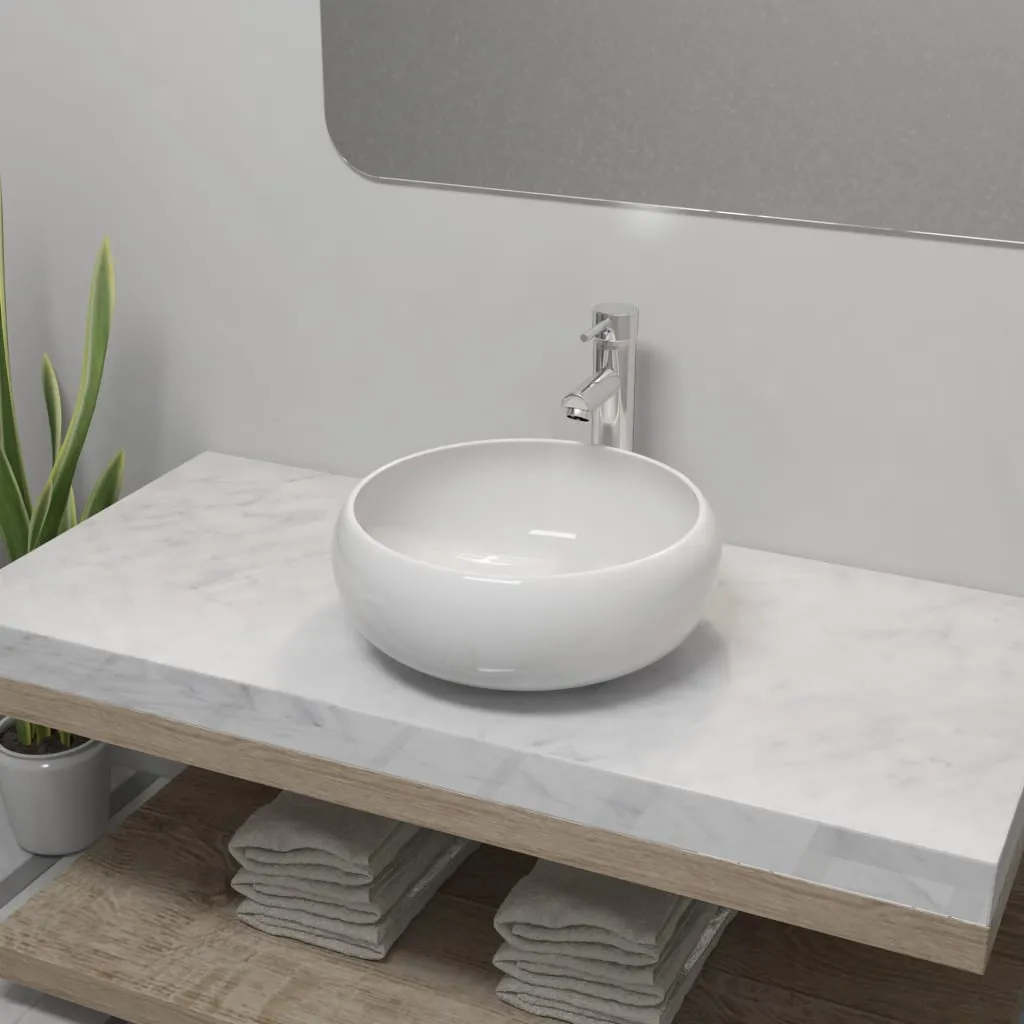 vidaXL Lavello Bagno con Miscelatore in Ceramica Rotondo Bianco