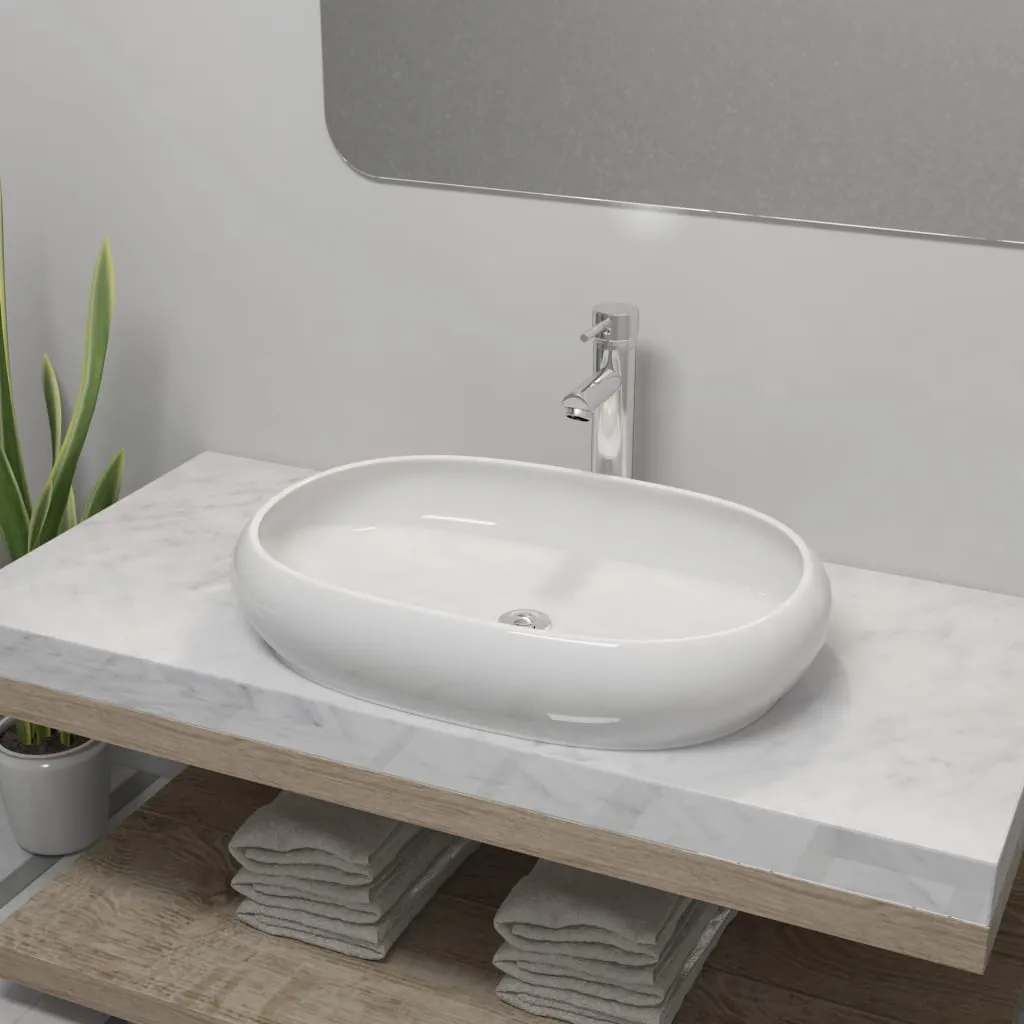 vidaXL Lavello Bagno con Miscelatore in Ceramica Ovale Bianco