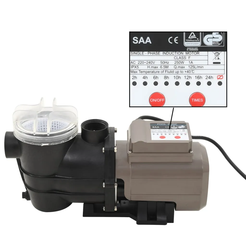 vidaXL Pompa per Piscina con Timer Nera 0,25 HP 8000 L/h