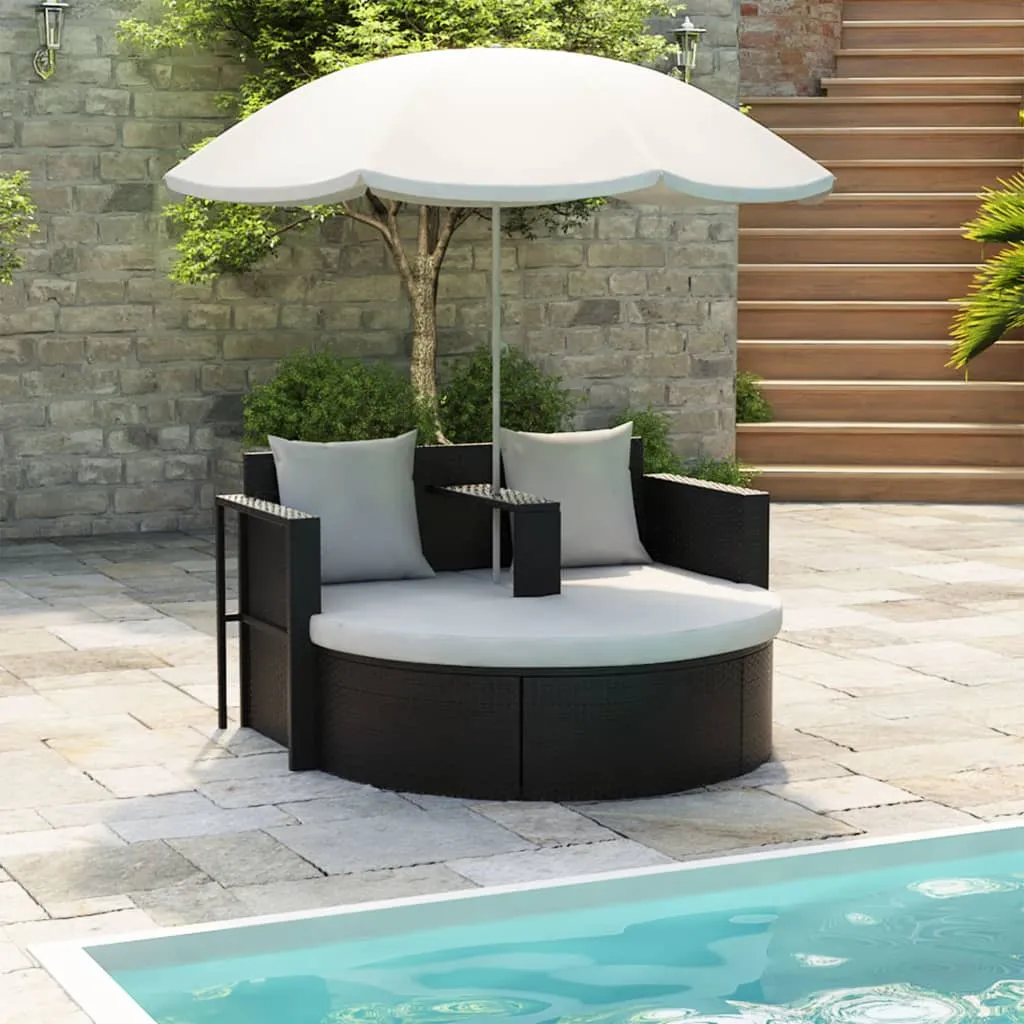 vidaXL Lettino da Giardino con Ombrellone Nero in Polyrattan