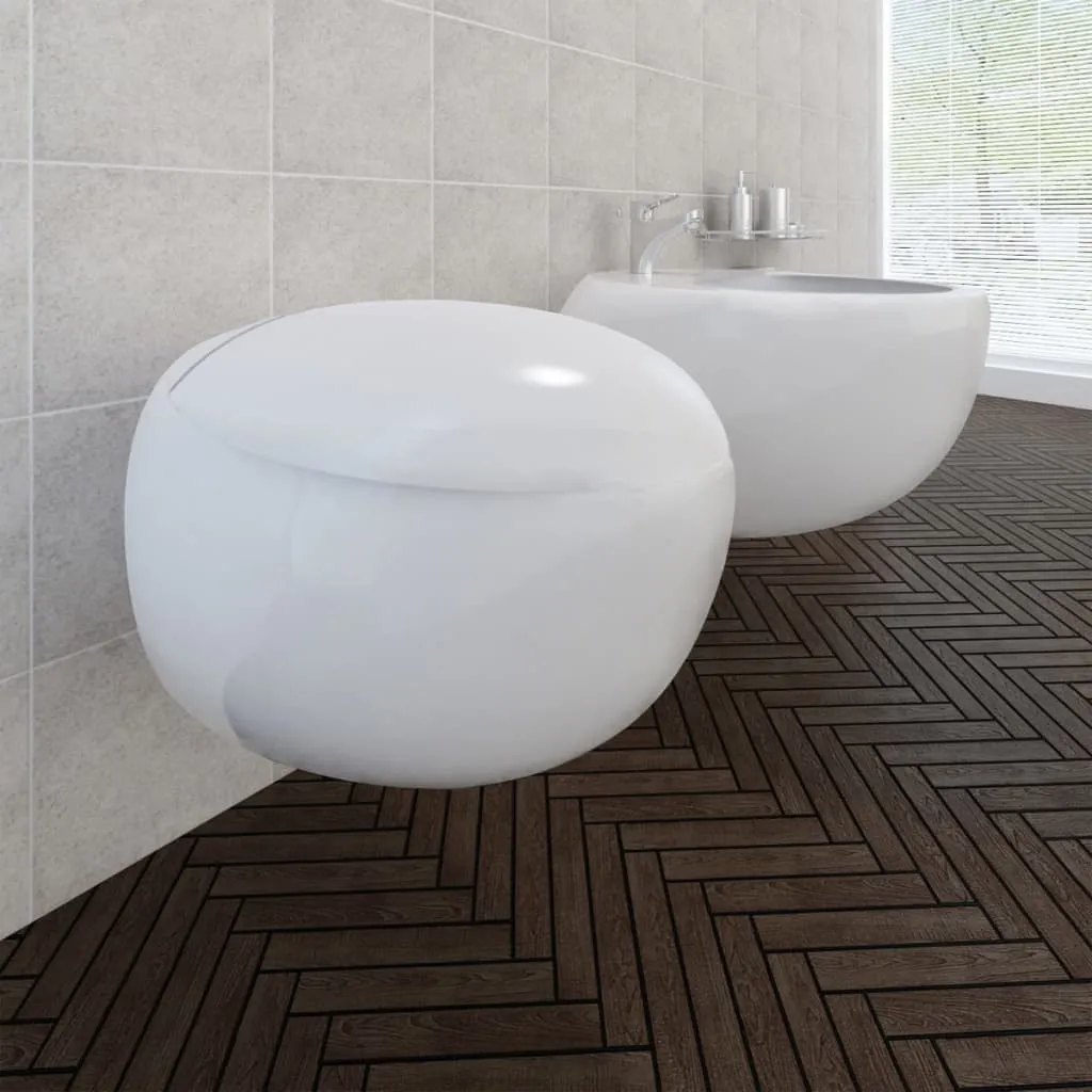 vidaXL Set Sanitari WC e Bidè a Muro in Ceramica Bianca