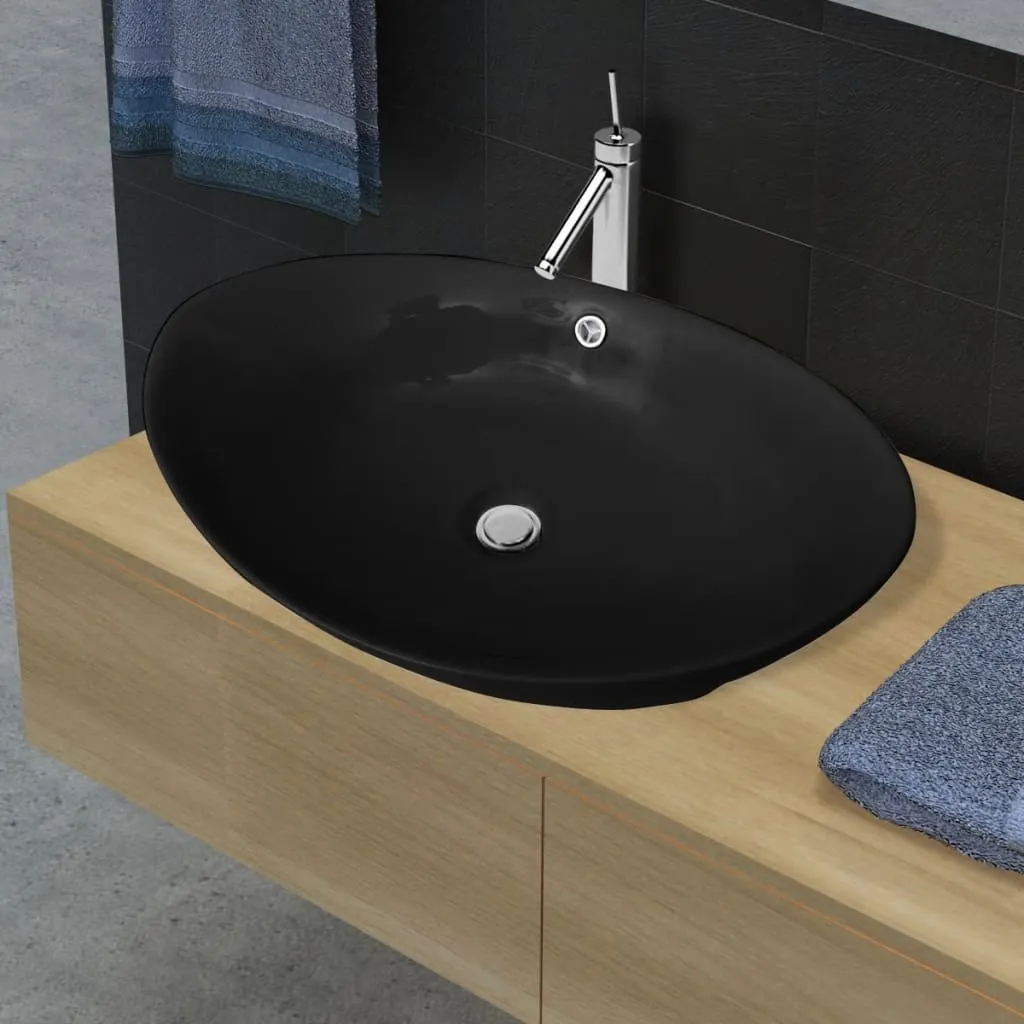 vidaXL Lavello Ovale in Ceramica di Lusso Nero Troppopieno 59x38,5 cm