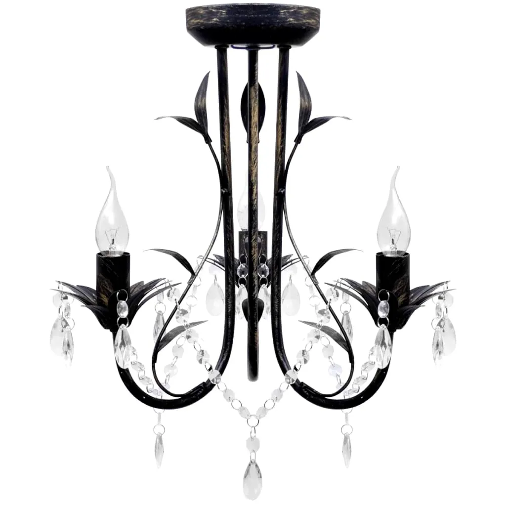 Lampadario Art Nouveau Nero Metallo Perline Cristallo e Lampadine E14