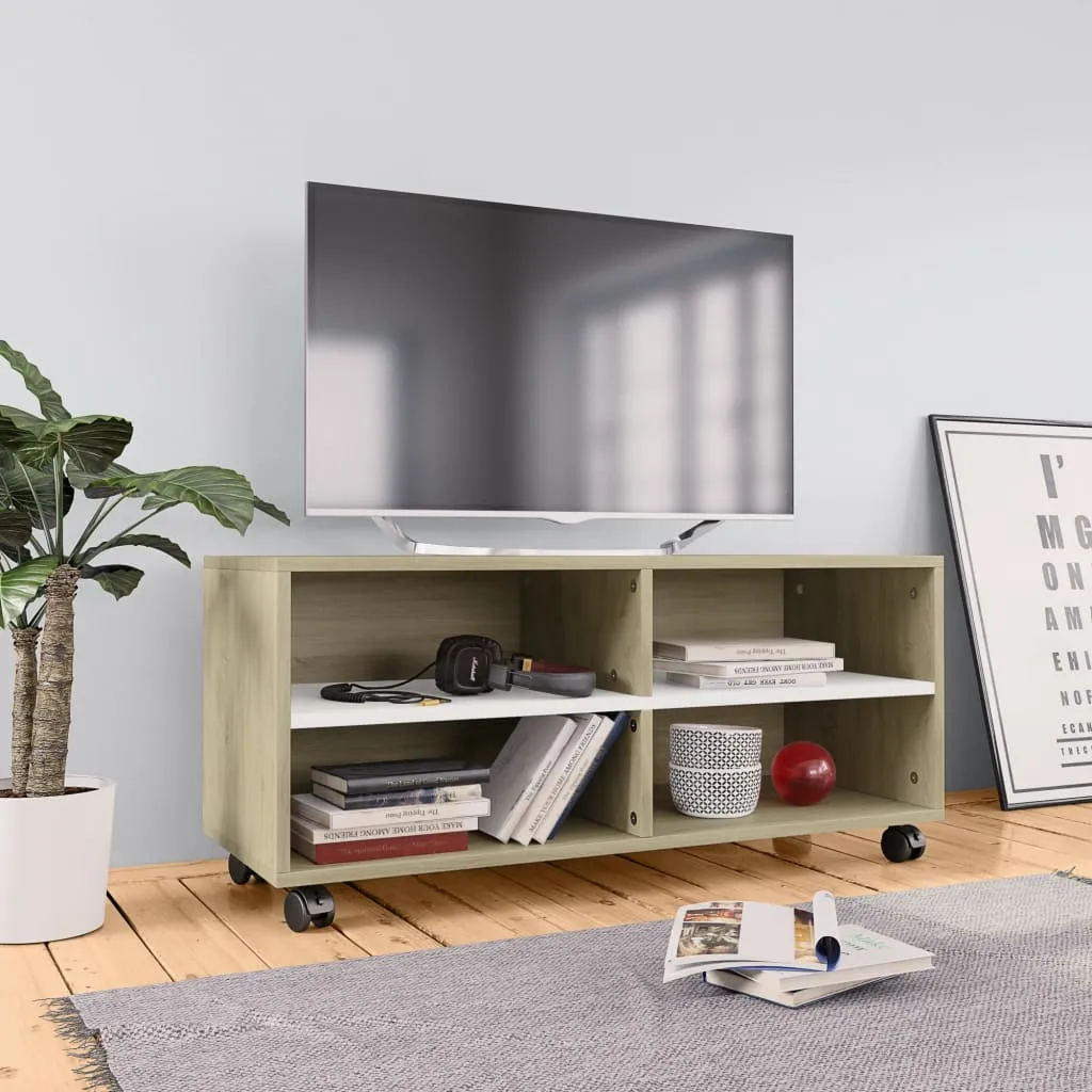 vidaXL Mobile TV con Ruote Bianco Rovere Sonoma 90x35x35cm Multistrato