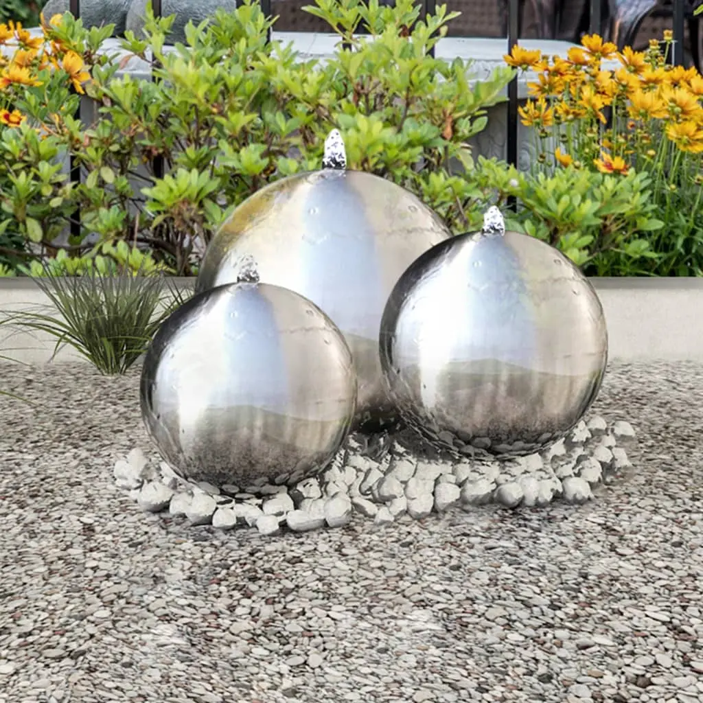 Fontane da Giardino a Sfera 3 pz con LED in Acciaio Inox 30 cm