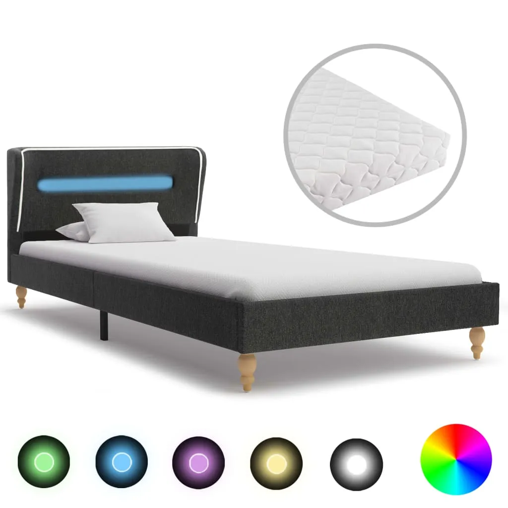 vidaXL Letto con LED e Materasso Grigio Scuro Tela Ruvida 90x200 cm