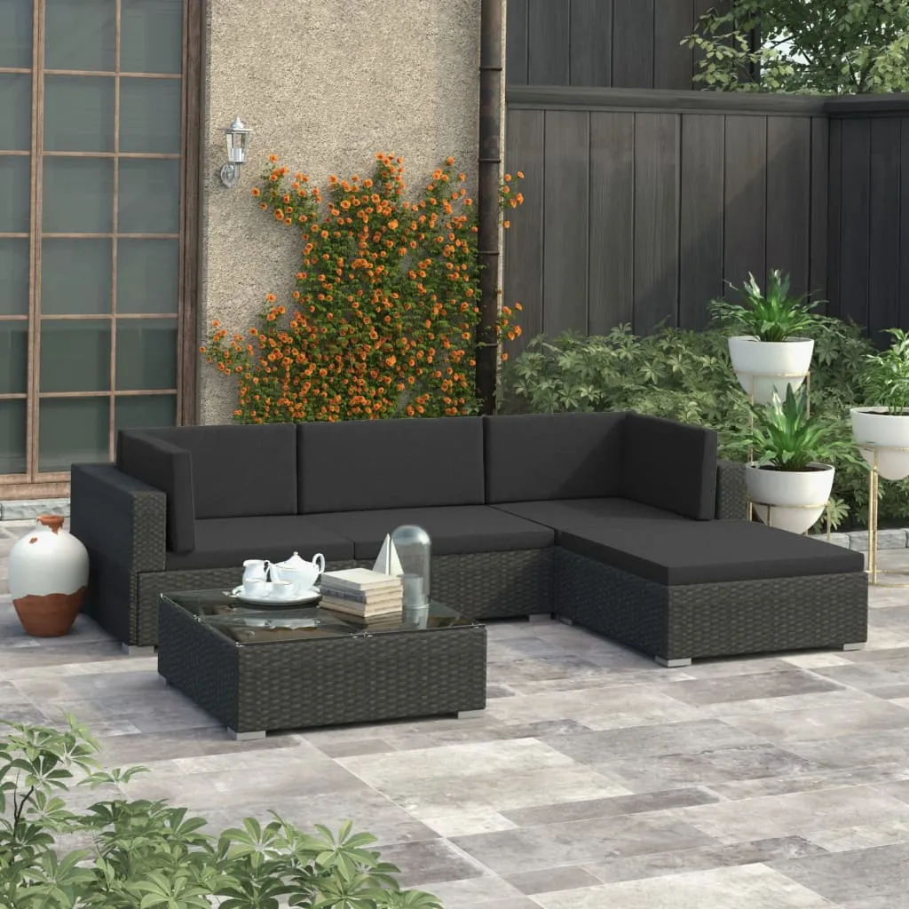 vidaXL Set Divani da Giardino 5 pz con Cuscini in Polyrattan Nero