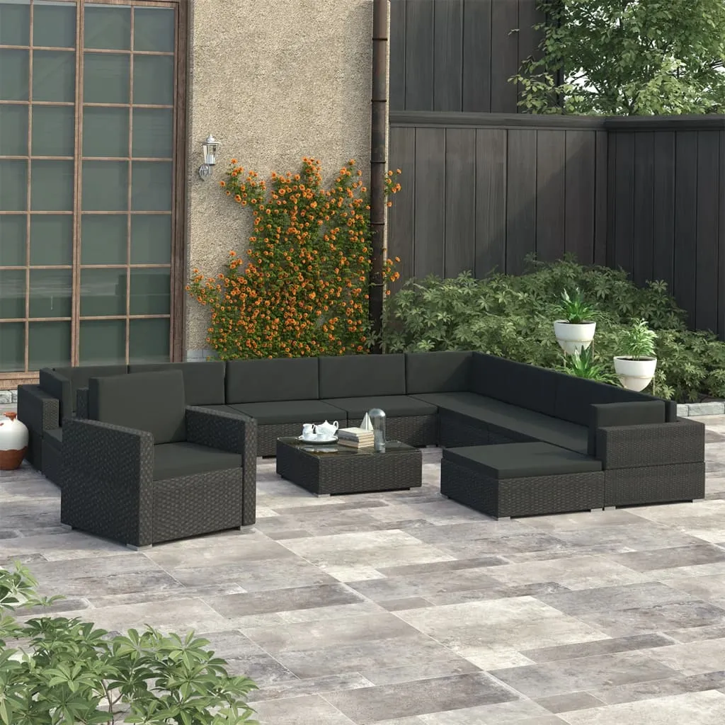 vidaXL Set Divani da Giardino 12 pz con Cuscini in Polyrattan Nero