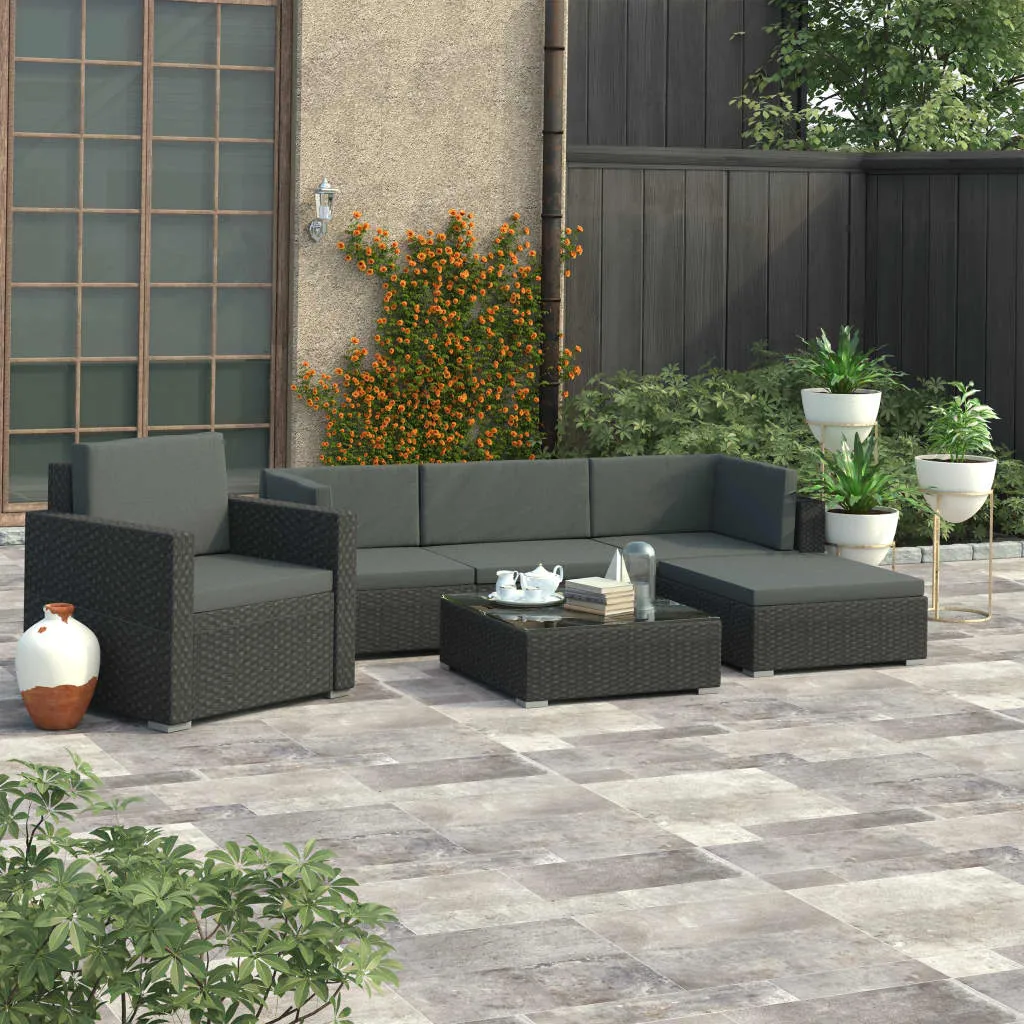 vidaXL Set Divani da Giardino 6 pz con Cuscini in Polyrattan Nero