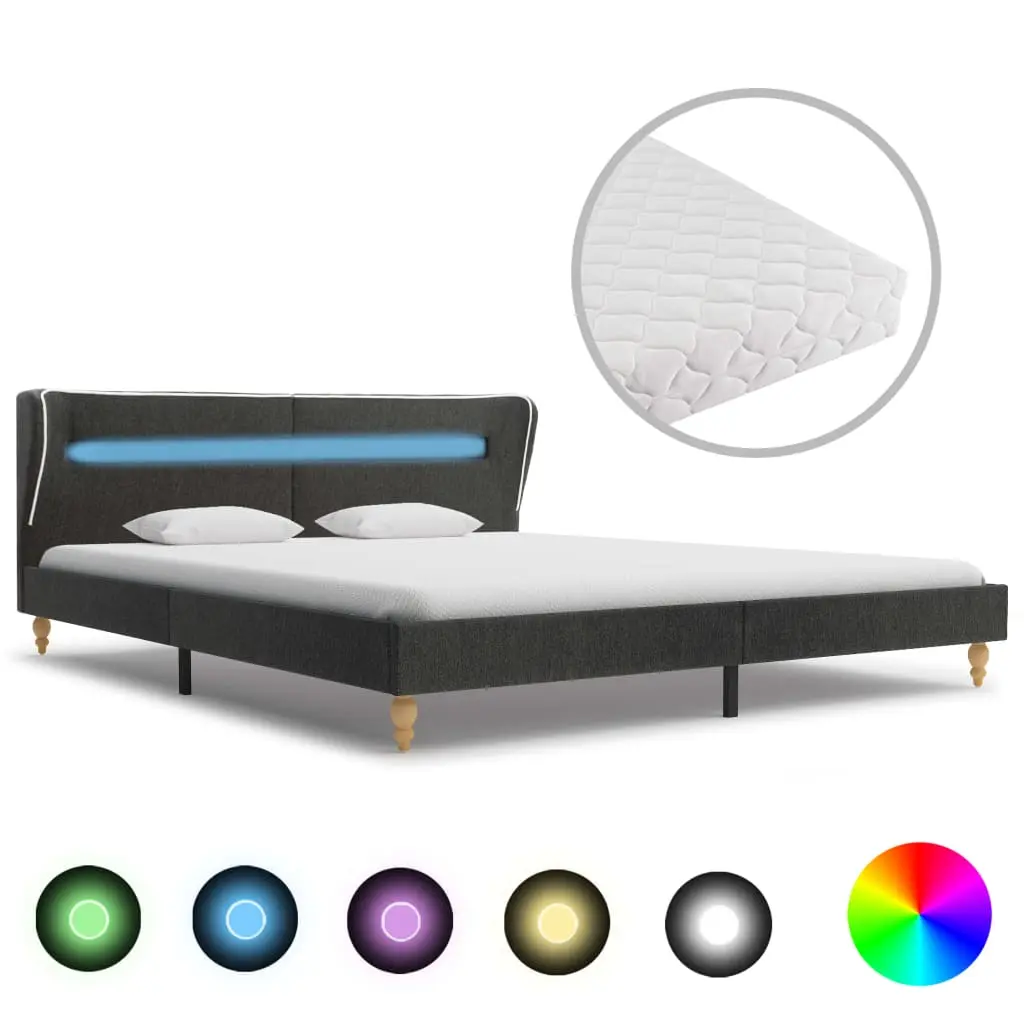 Letto con LED e Materasso Tela Ruvida Grigio Scuro 180x200cm