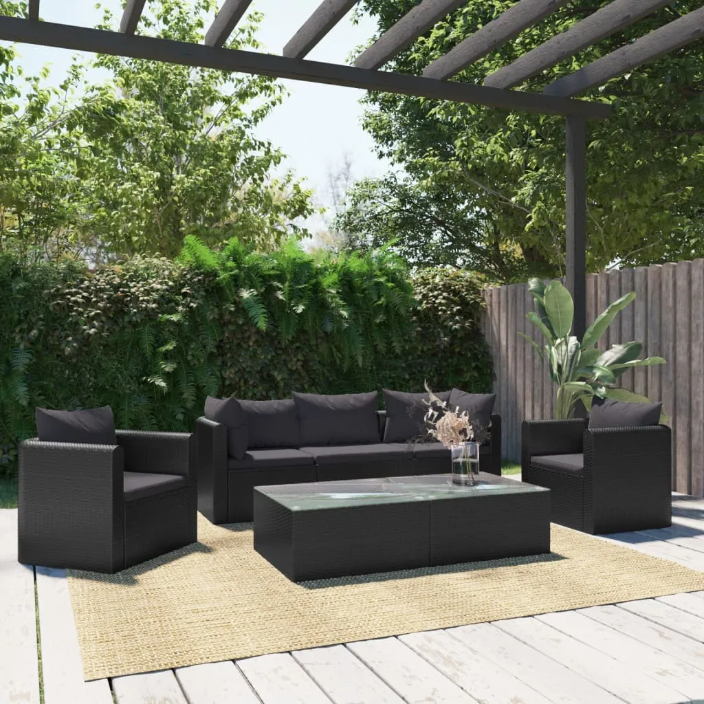 vidaXL Set Divani da Giardino 7 pz con Cuscini in Polyrattan Nero