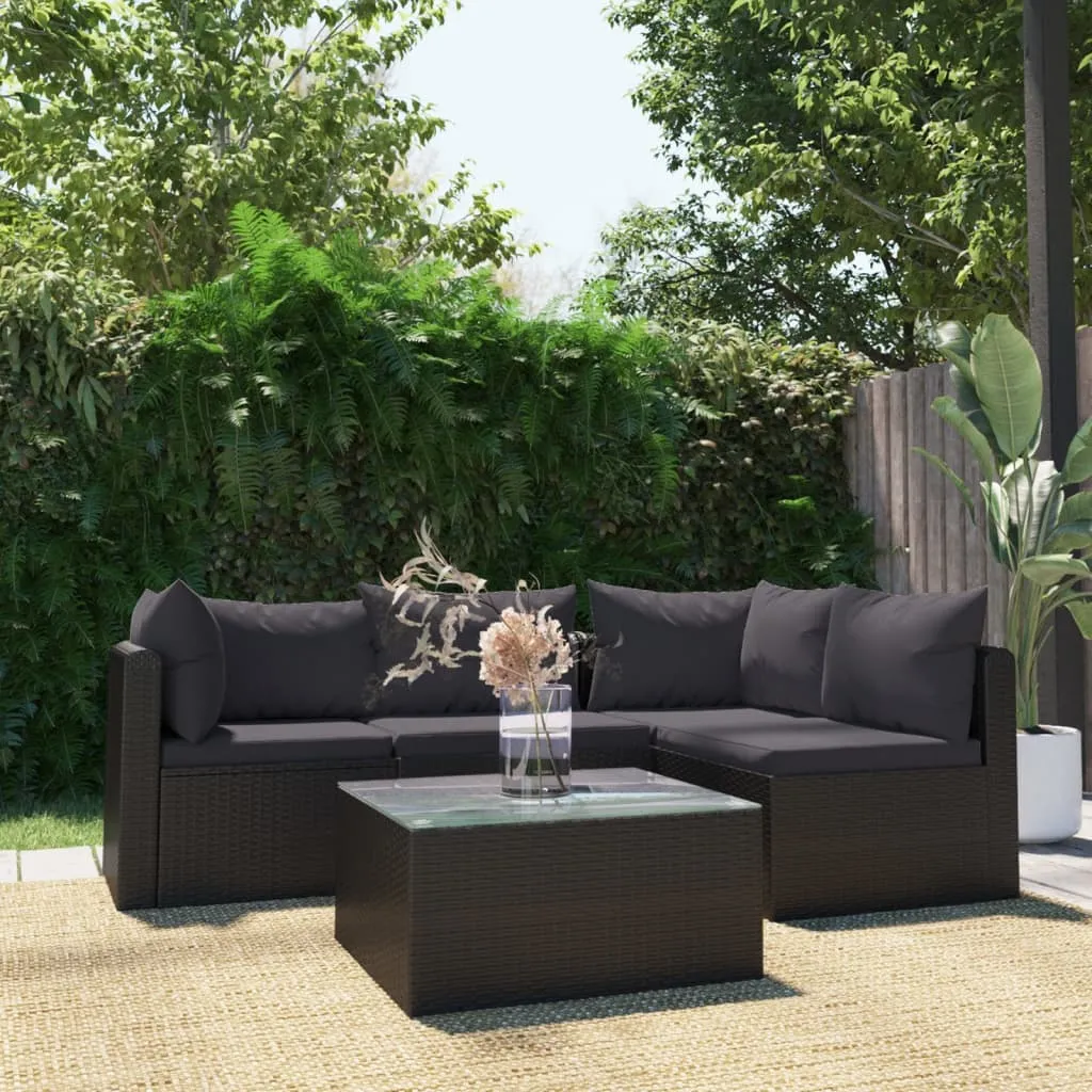 vidaXL Set Divani da Giardino 5 pz con Cuscini in Polyrattan Nero