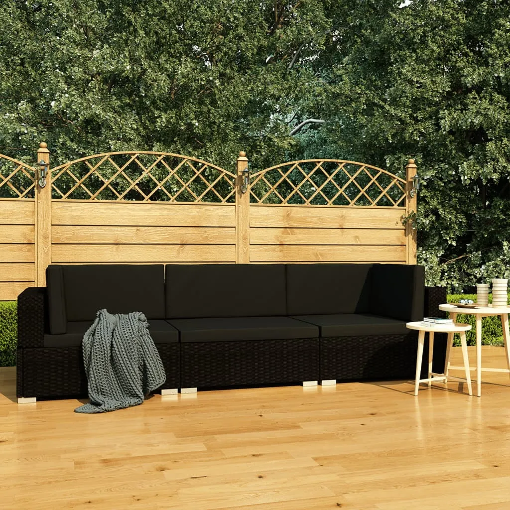 vidaXL Set Divani da Giardino 3 pz con Cuscini in Polyrattan Nero