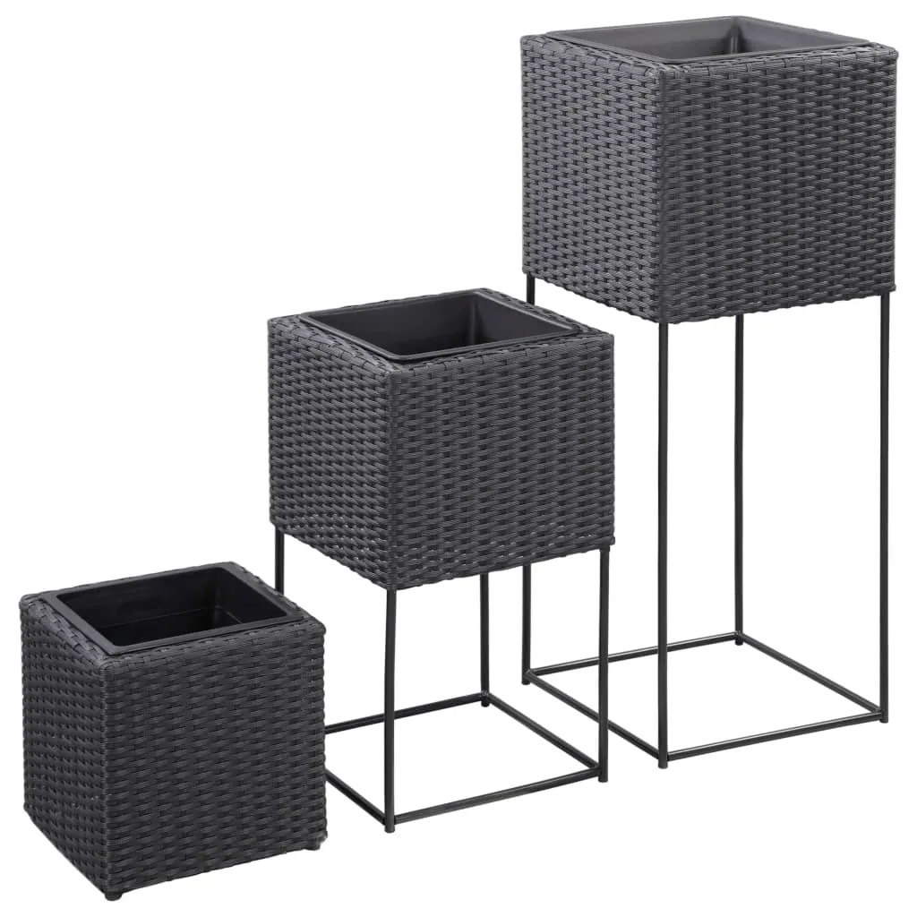 vidaXL Letti Rialzati da Giardino 3 pz in Polyrattan Nero