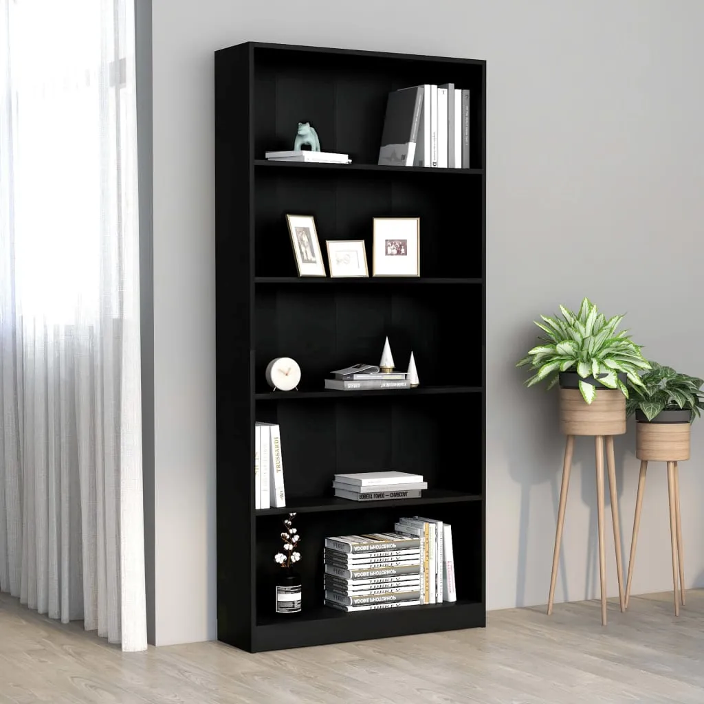 vidaXL Libreria a 5 Ripiani Nera 80x24x175 cm in Legno Multistrato