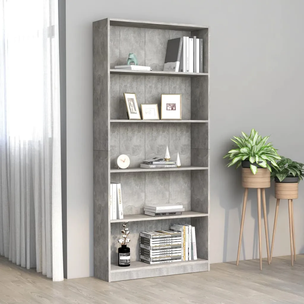 vidaXL Libreria 5 Ripiani Grigio Cemento 80x24x175cm Legno Multistrato