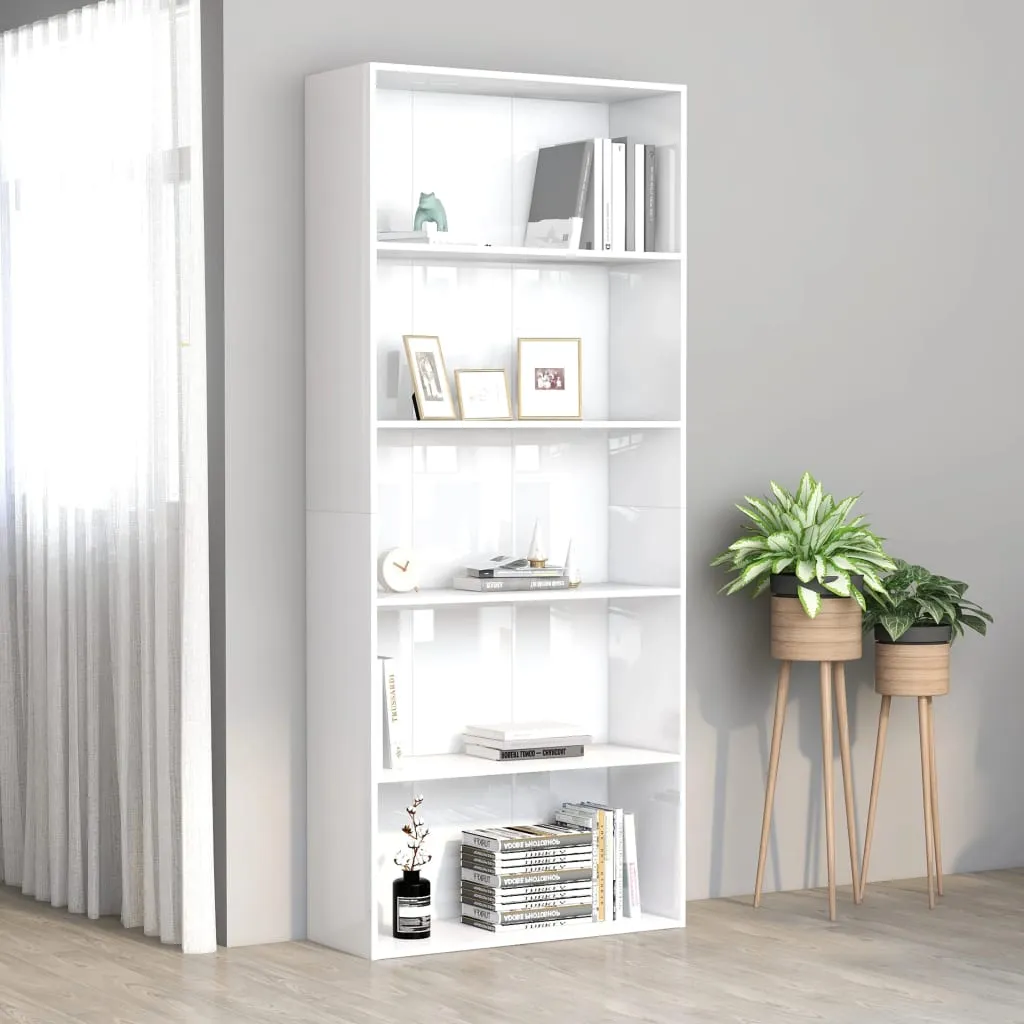 vidaXL Libreria 5 Ripiani Bianco Lucido 80x30x189 cm Legno Multistrato