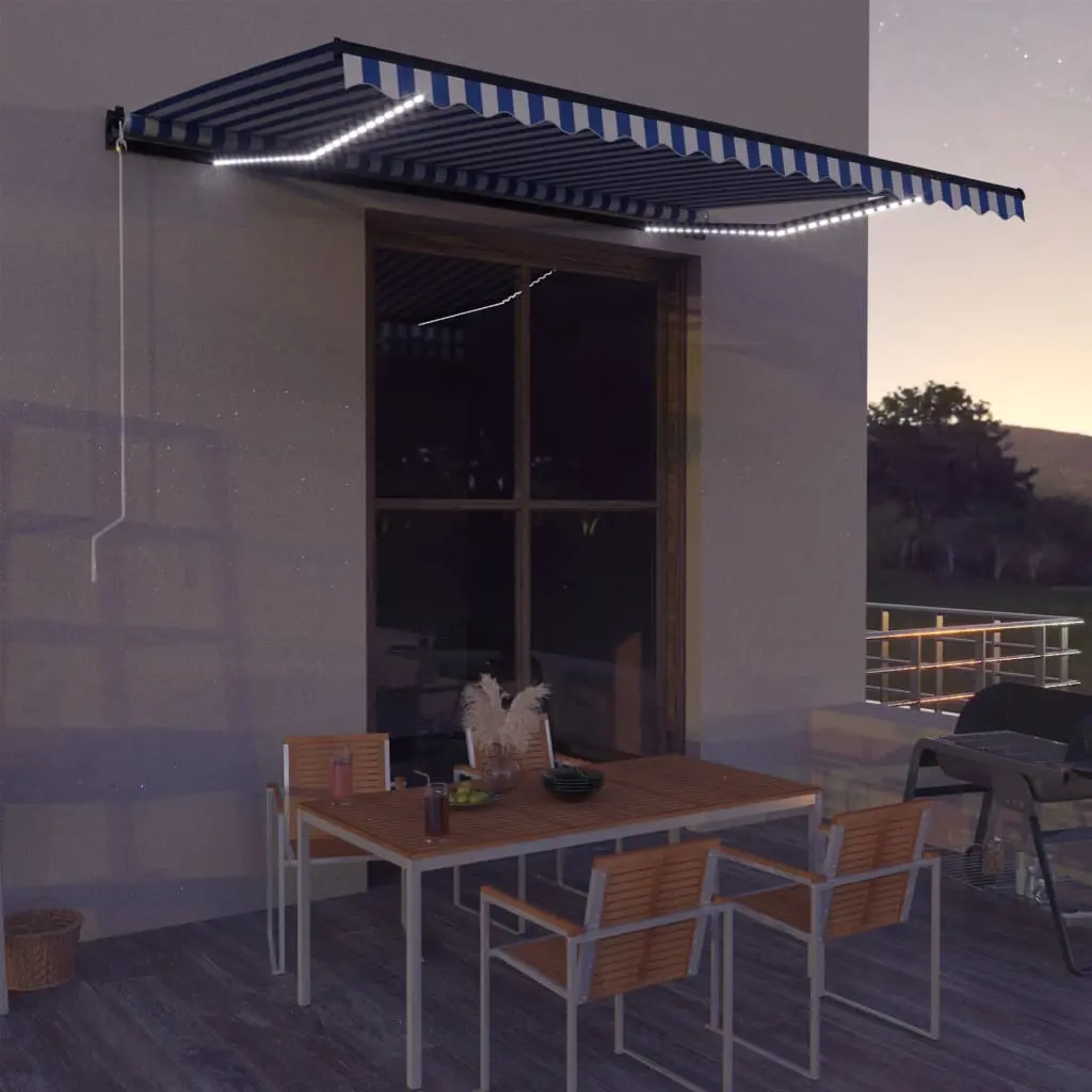 Tenda da Sole Retrattile Manuale con LED 450x300cm Blu e Bianco