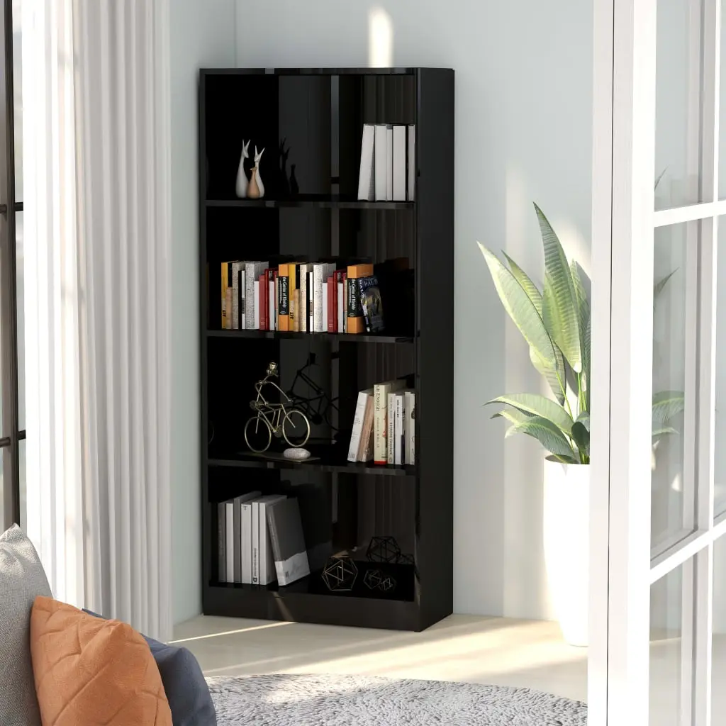 Libreria 4 Ripiani Nero Lucido 60x24x142 cm Legno Multistrato