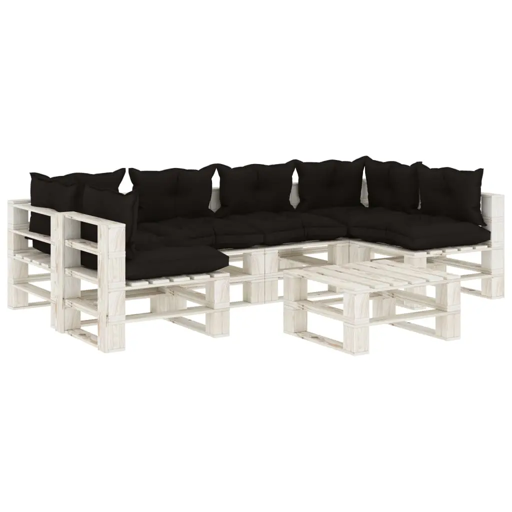 Set Salotto da Giardino su Pallet 7pz con Cuscini Neri in Legno