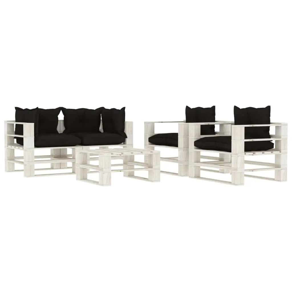 Set Salotto da Giardino su Pallet 5pz con Cuscini Neri in Legno