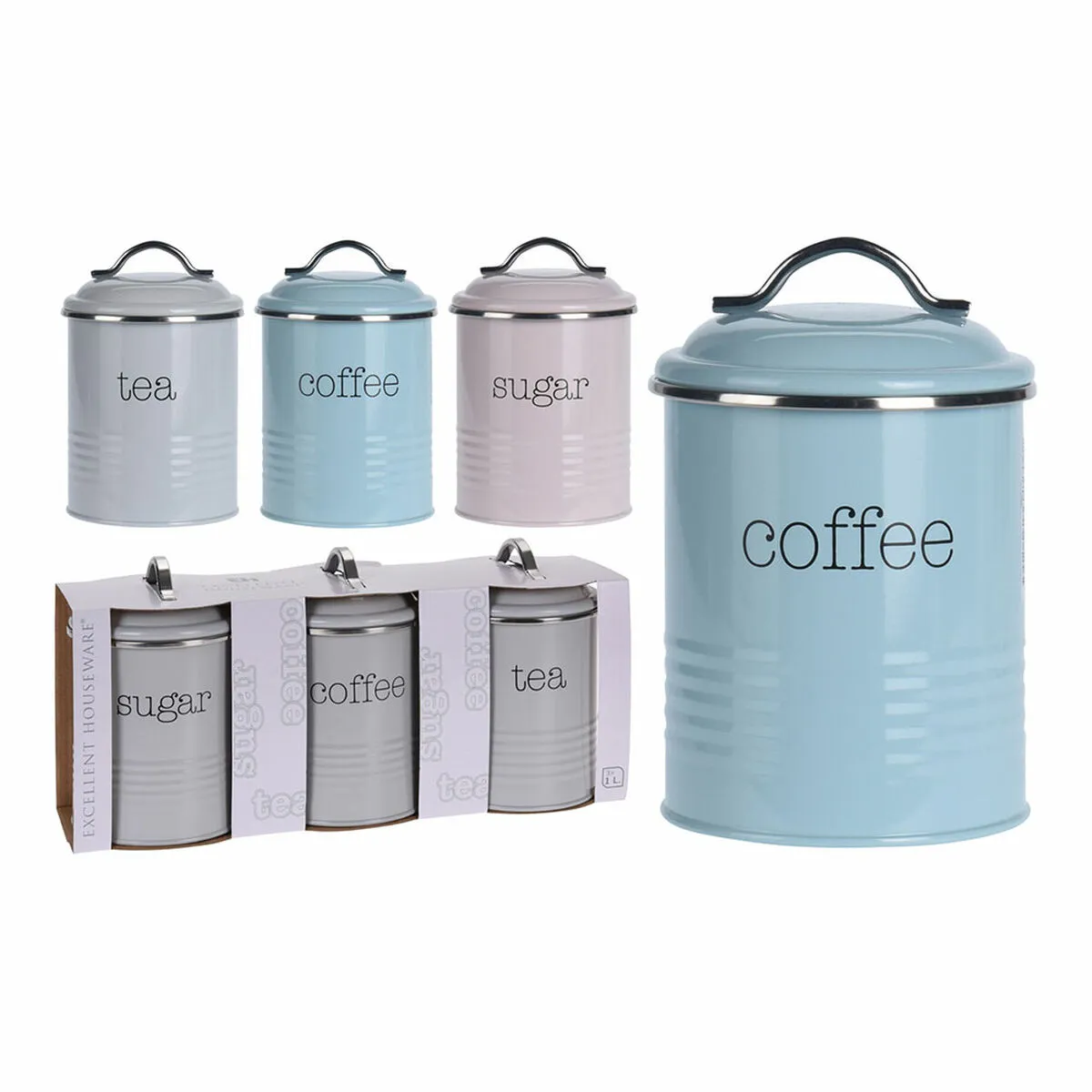 Set di 3 Barattoli Excellent Houseware Caffè Zucchero Tè 800 ml 11 x 16 cm