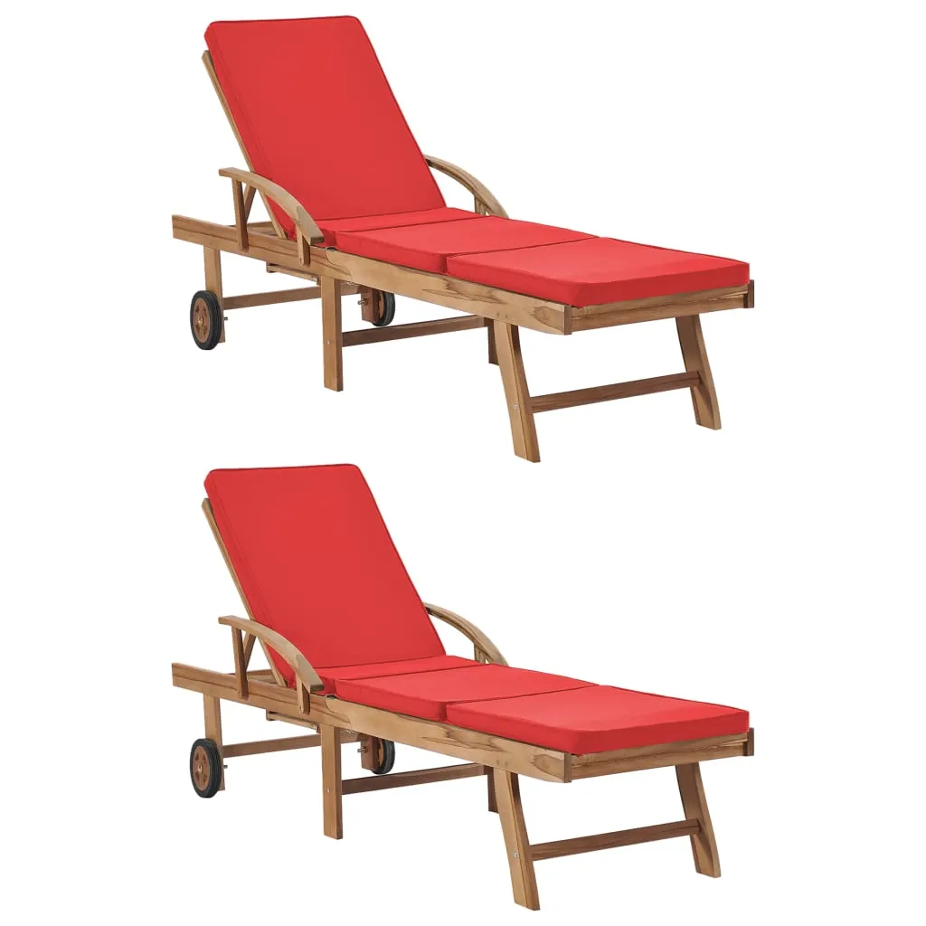 vidaXL Lettini Prendisole con Cuscini 2 pz in Legno di Teak Rosso