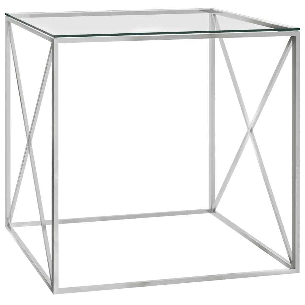 vidaXL Tavolino da Caffè Argento 55x55x55 cm in Acciaio Inox e Vetro