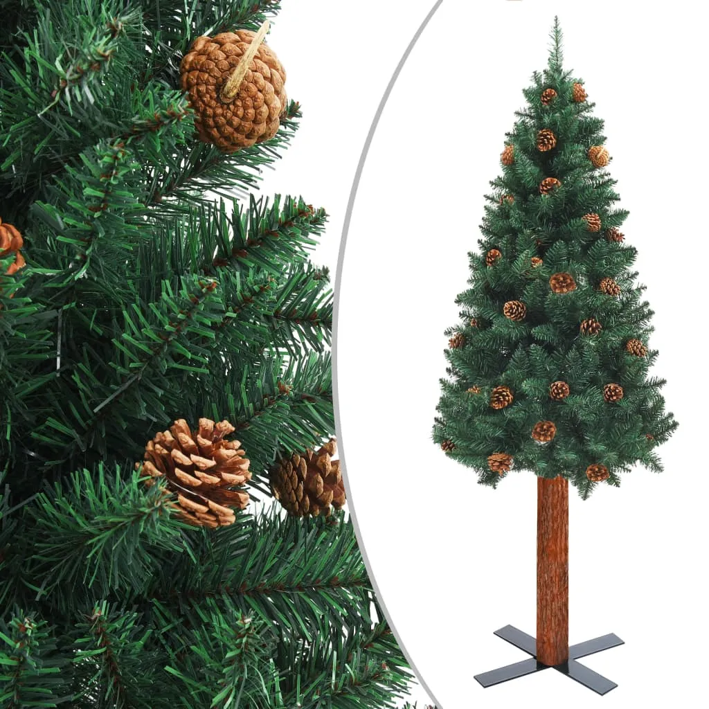 vidaXL Albero di Natale Sottile con Legno Vero e Pigne Verde 150cm PVC