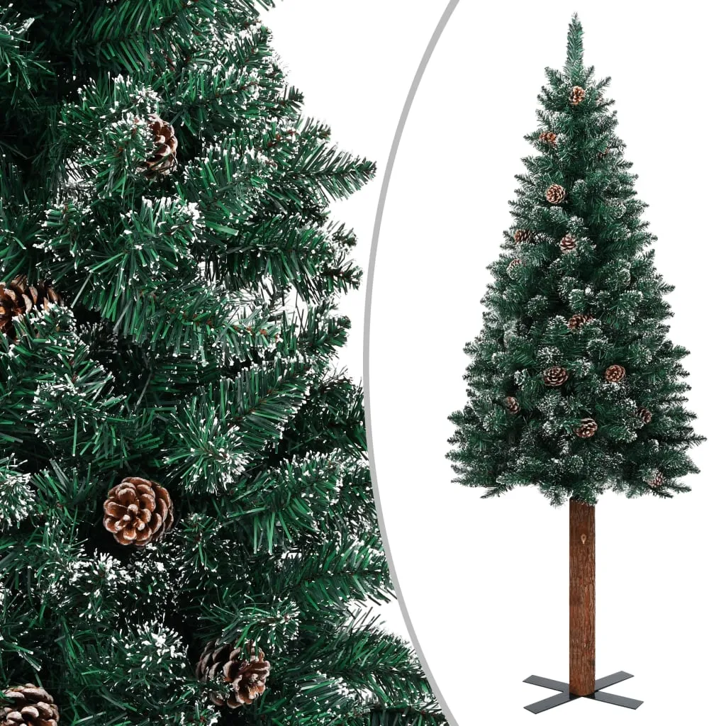 vidaXL Albero di Natale Sottile con Legno Vero e Neve Verde 150 cm