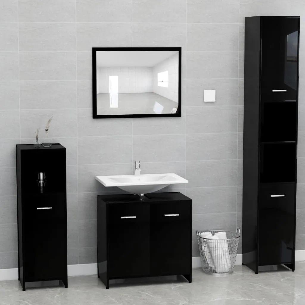 vidaXL Set Mobili da Bagno Nero Lucido in Legno Multistrato