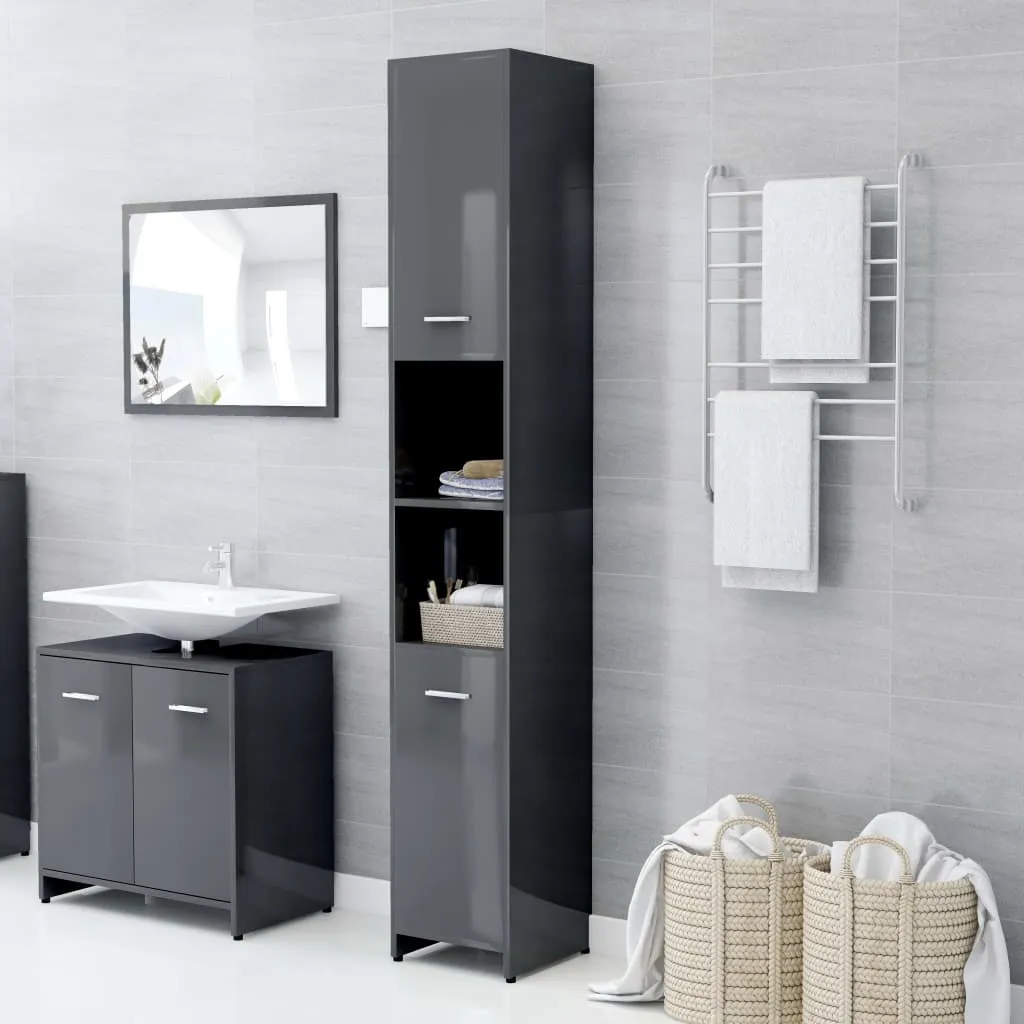 vidaXL Mobile da Bagno Grigio Lucido 30x30x183,5 cm Legno Multistrato