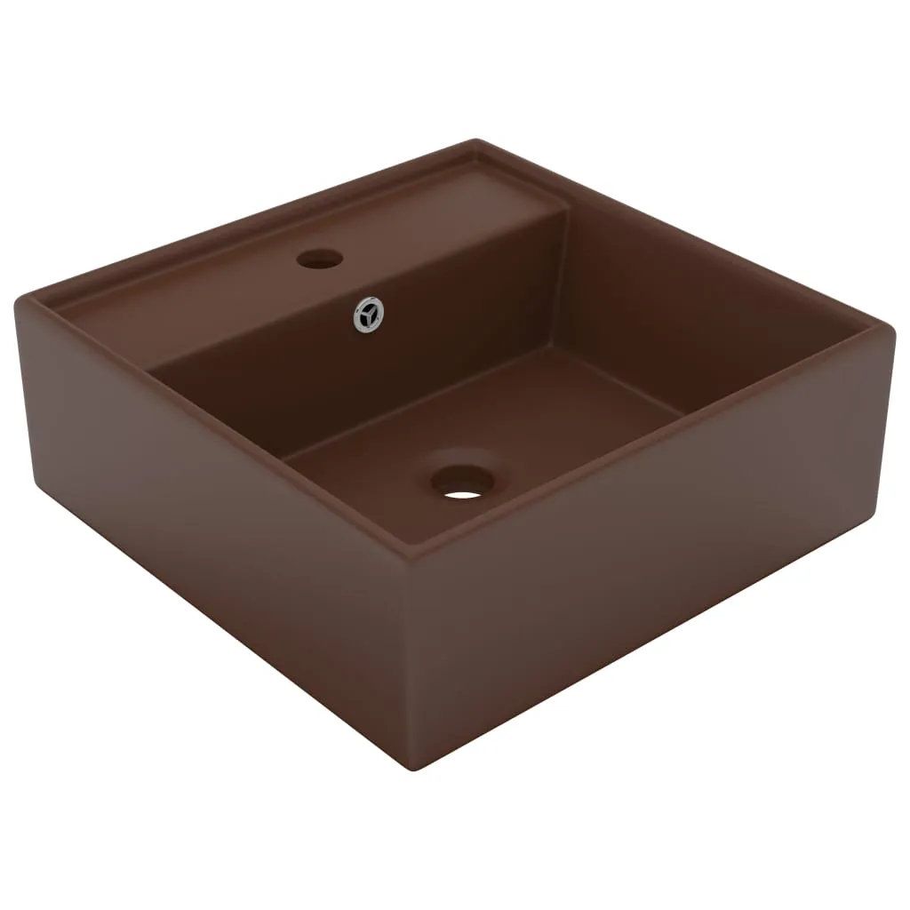 vidaXL Lavabo Troppopieno Cubico Marrone Scuro Opaco 41x41cm Ceramica