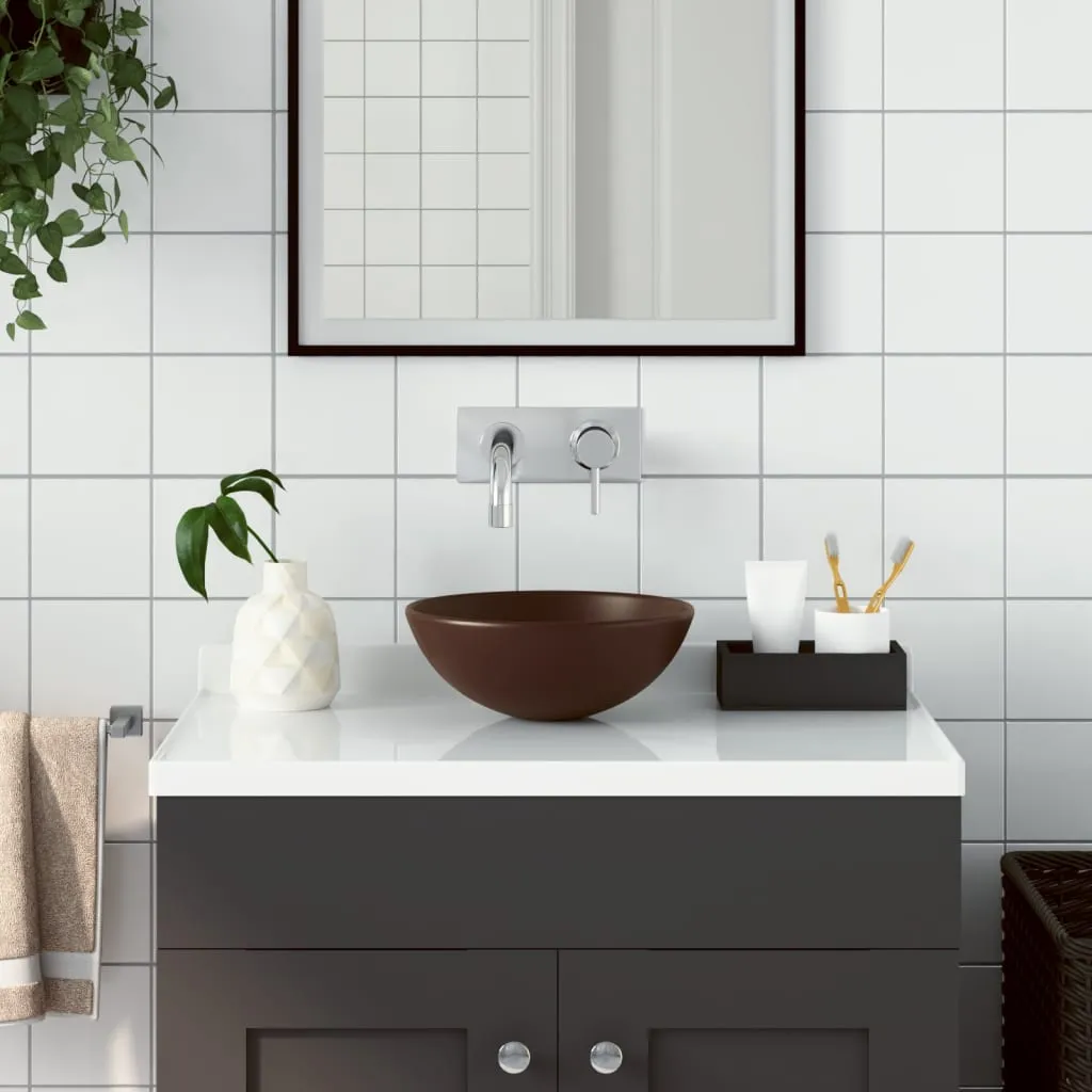 vidaXL Lavandino da Bagno in Ceramica Marrone Scuro Rotondo