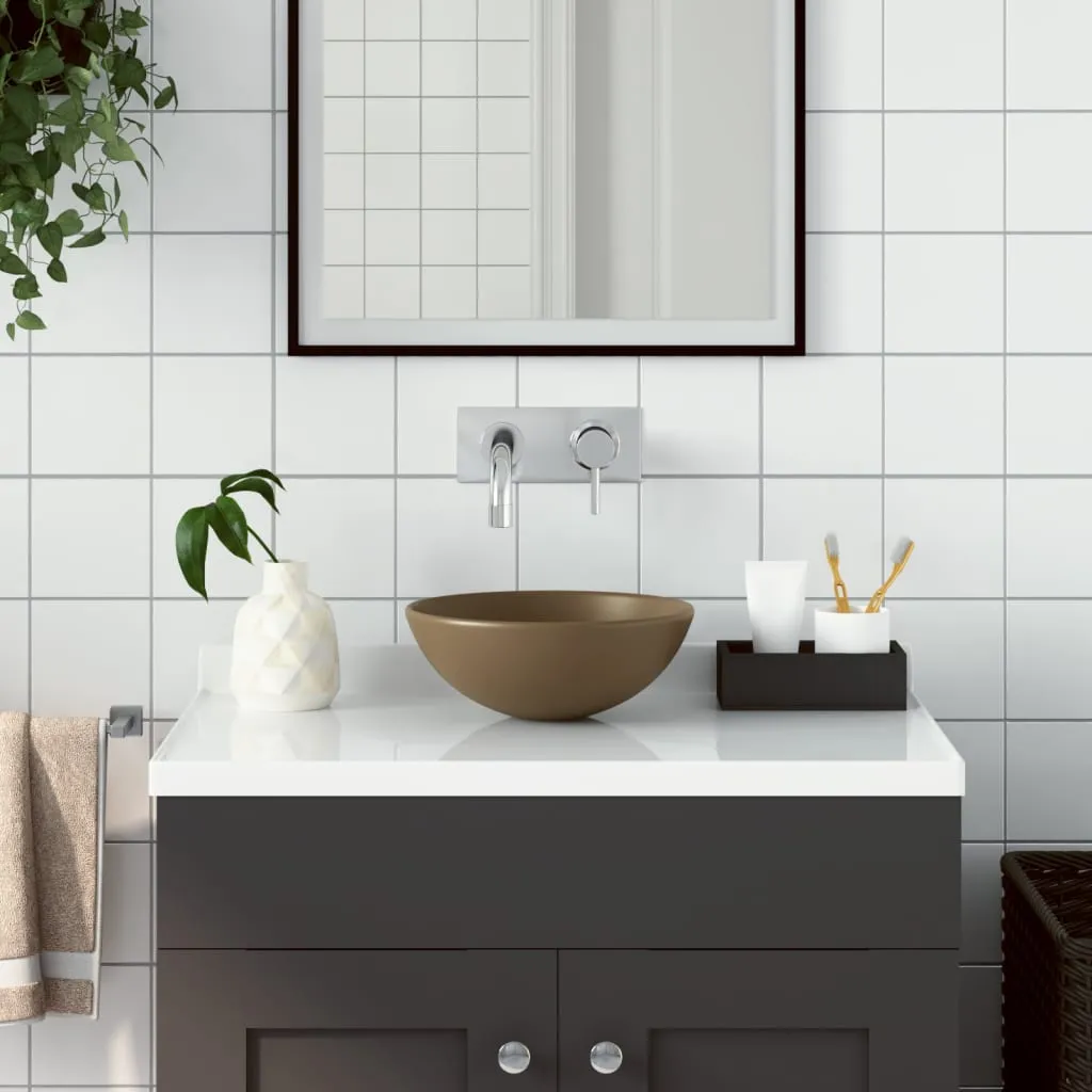 vidaXL Lavandino da Bagno in Ceramica Crema Opaco Rotondo