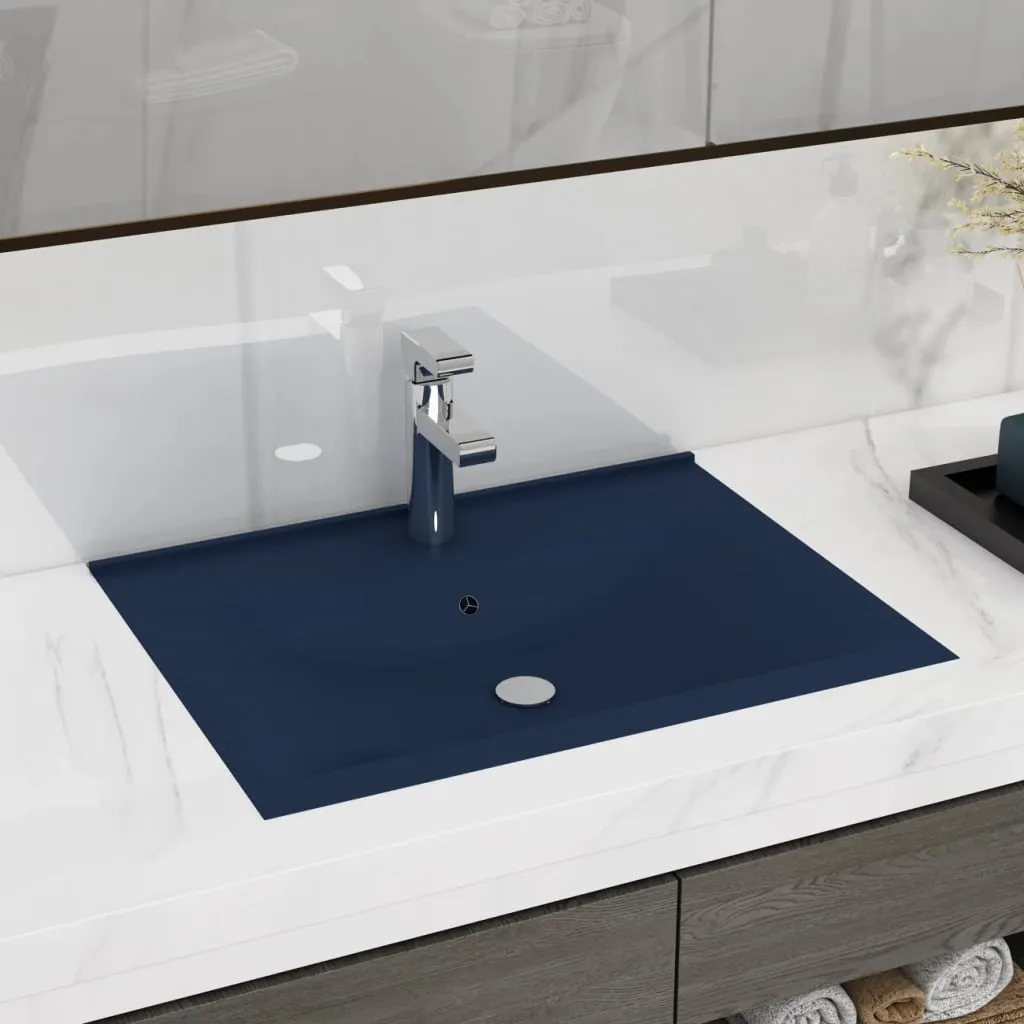 vidaXL Lavandino con Foro Rubinetto Blu Scuro Opaco 60x46 cm in Ceramica