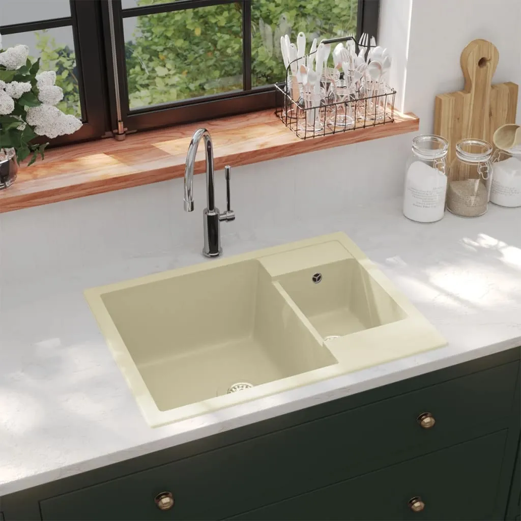 vidaXL Lavello da Cucina Doppio con Foro Troppopieno Beige in Granito