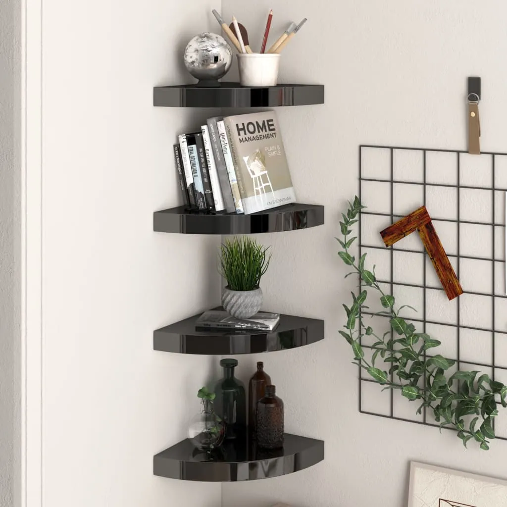 323891 vidaXL Floating Corner Shelves 4 pcs High Gloss Black 25x25x3,8 cm MDF