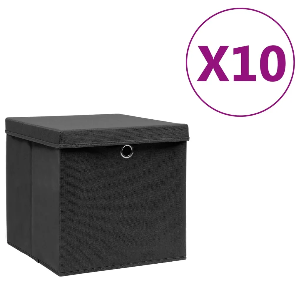 vidaXL Contenitori con Coperchi 10 pz 28x28x28 cm Nero