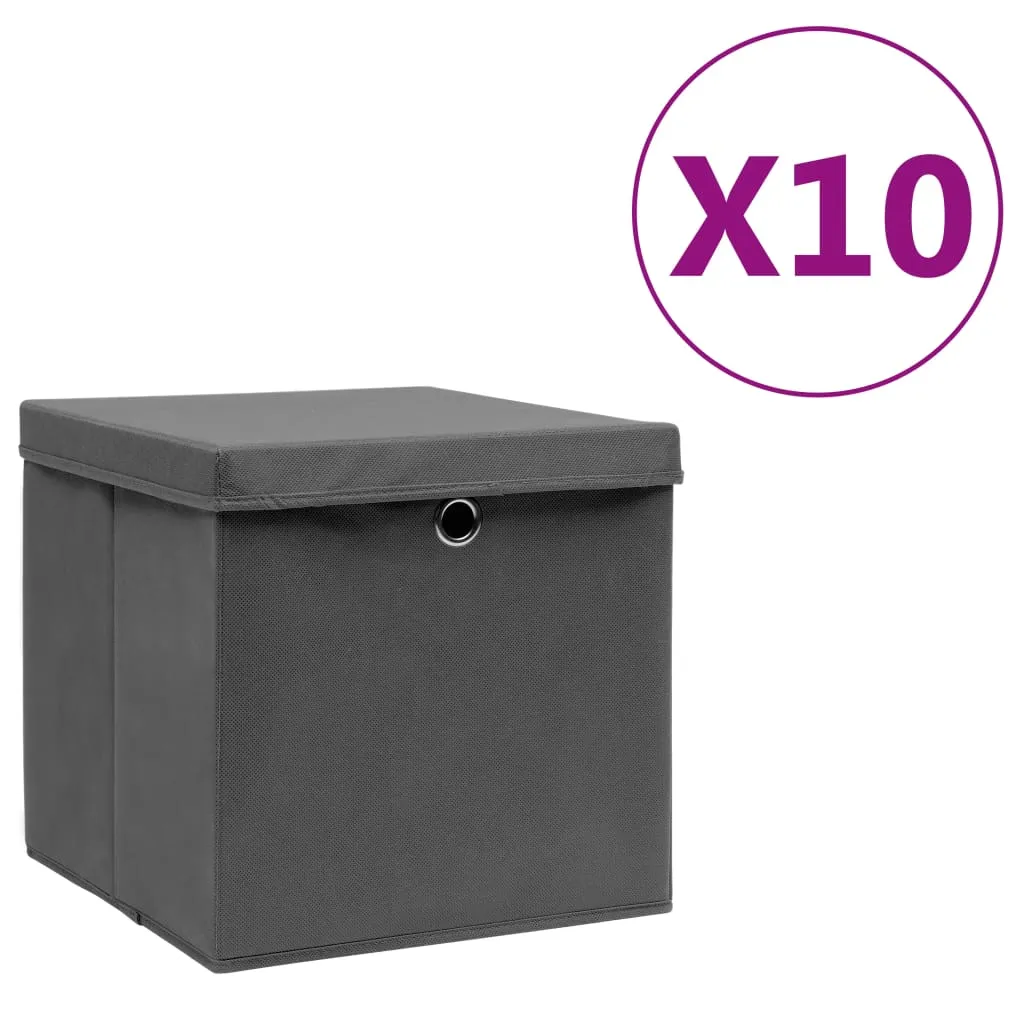 vidaXL Contenitori con Coperchi 10 pz 28x28x28 cm Grigio