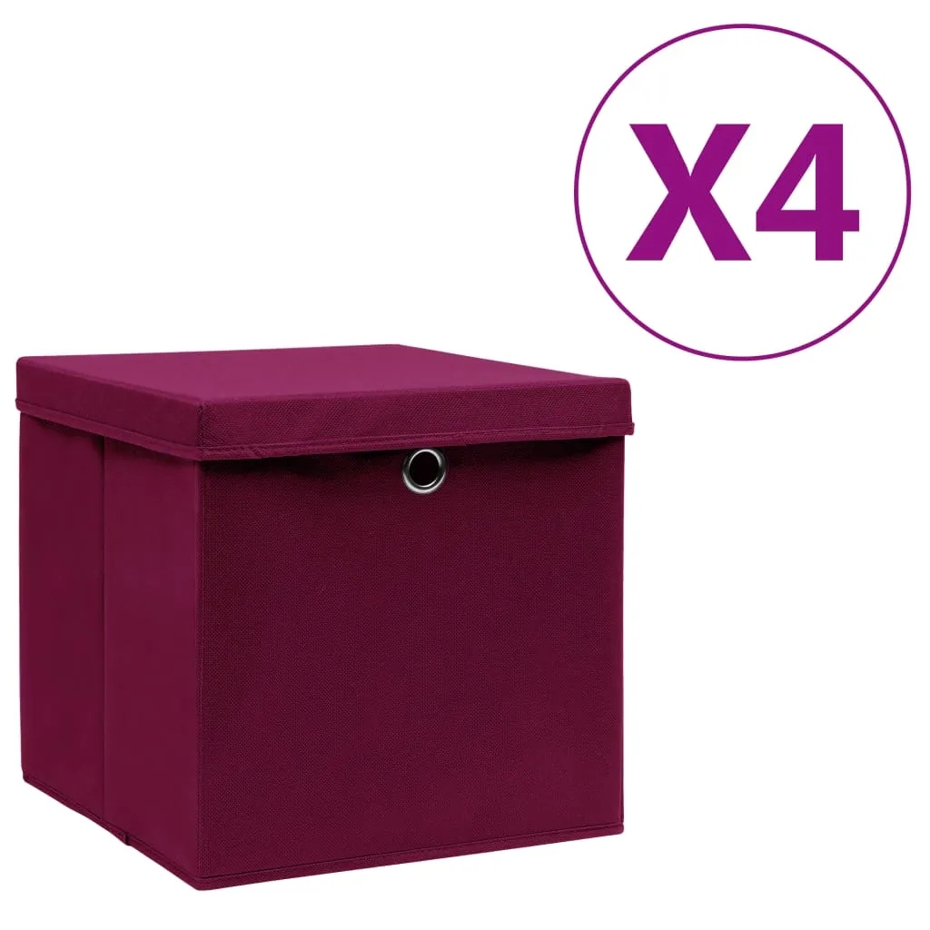 vidaXL Contenitori con Coperchi 4 pz 28x28x28 cm Rosso Scuro