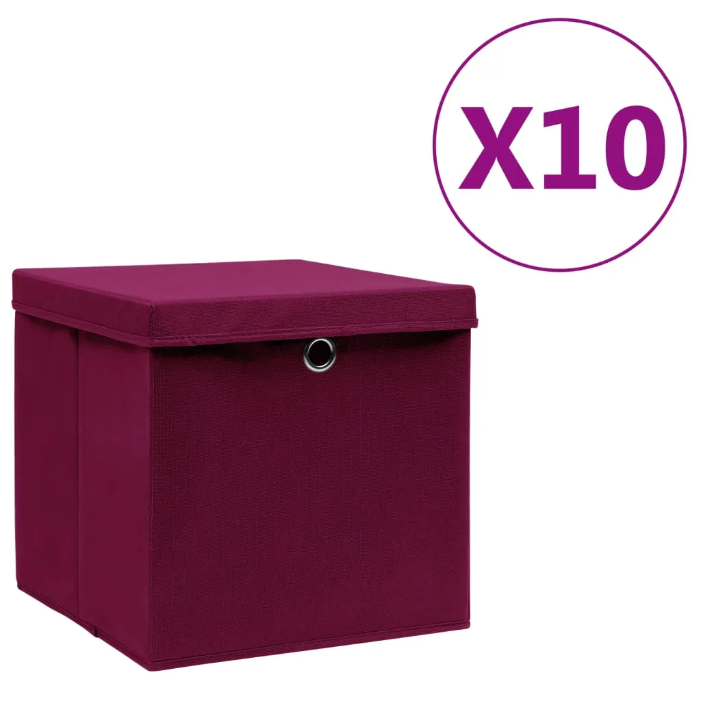 vidaXL Contenitori con Coperchi 10 pz 28x28x28 cm Rosso Scuro