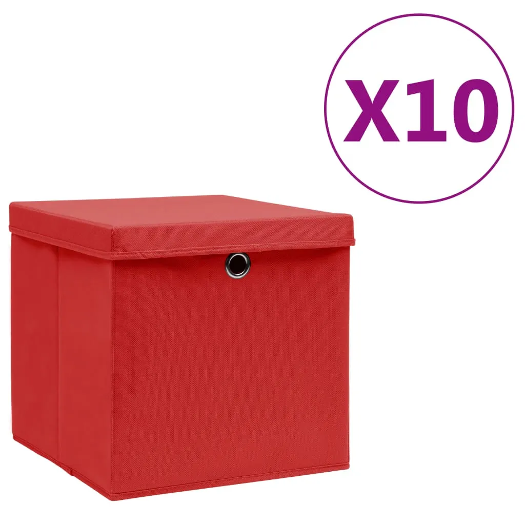 vidaXL Contenitori con Coperchi 10 pz 28x28x28 cm Rosso