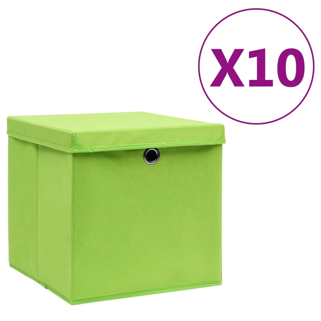 vidaXL Contenitori con Coperchi 10 pz 28x28x28 cm Verde