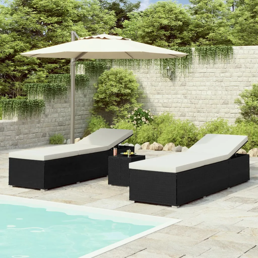 vidaXL Lettini Prendisole con Tavolino 3 pz in Polyrattan Nero