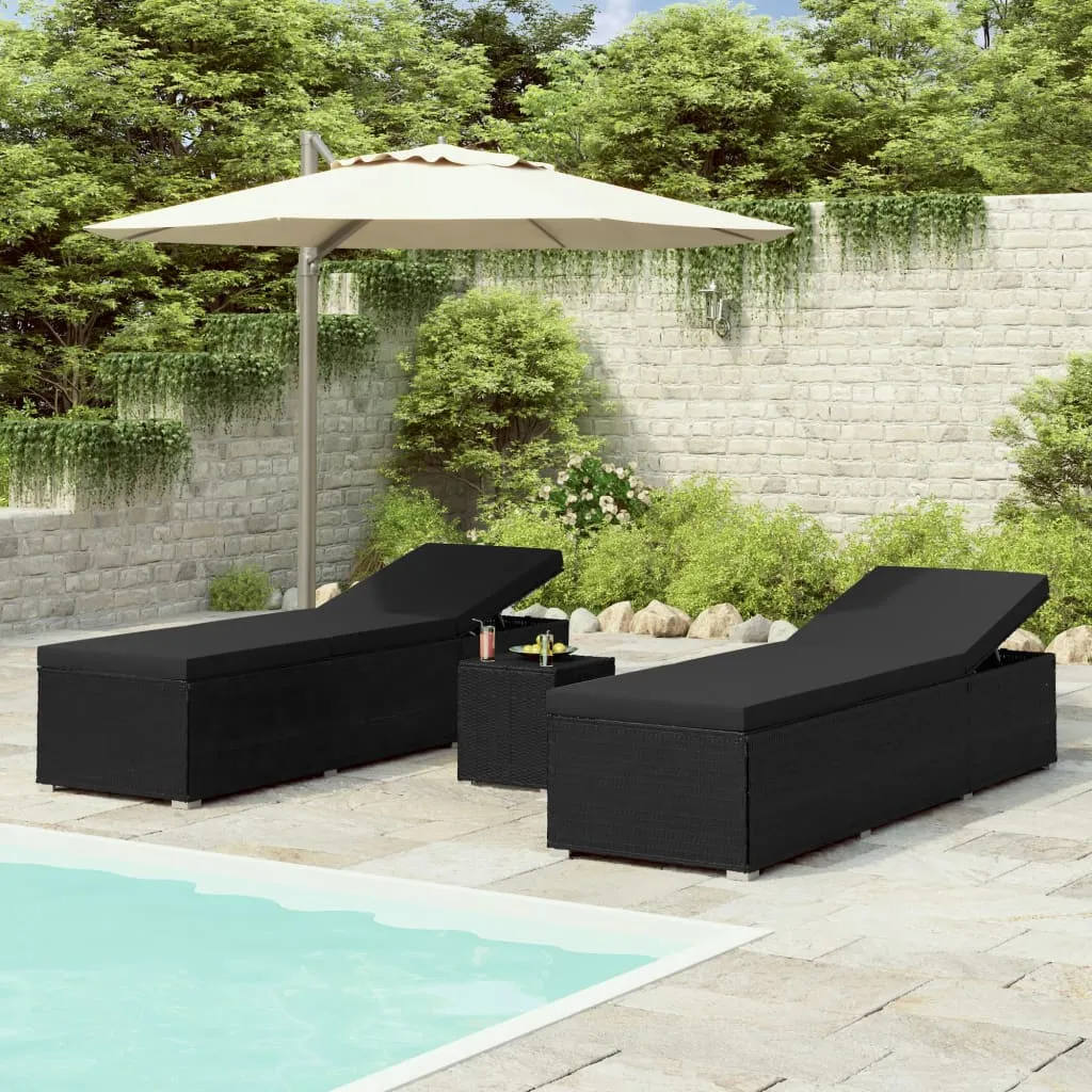 vidaXL Lettini Prendisole con Tavolino 3 pz in Polyrattan Nero