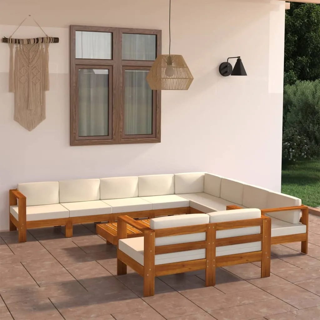 vidaXL Set Divani Giardino 10 pz Cuscini Bianco Crema Legno d'Acacia