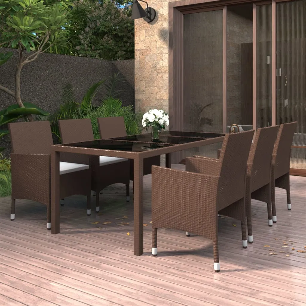 vidaXL Set da Pranzo Giardino 7 pz Polyrattan Vetro Temperato Marrone