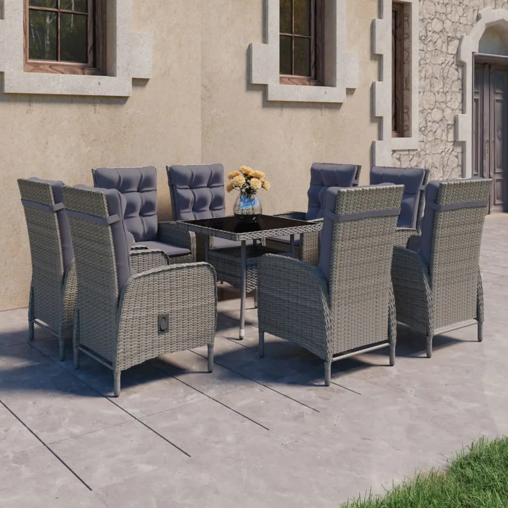 vidaXL Set da Pranzo per Giardino 9 pz in Polyrattan e Vetro Grigio